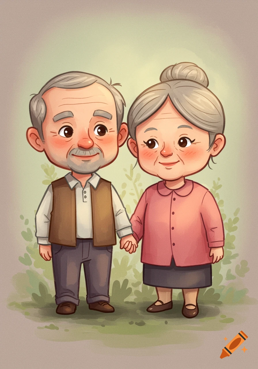 Cartoon illustration of a smiling elderly couple holding hands in a garden.