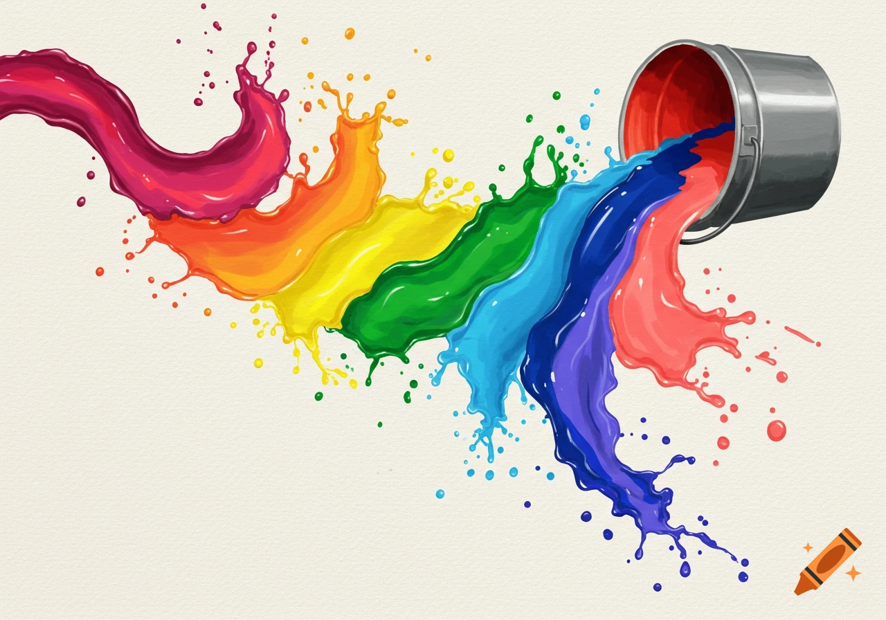 Rainbow colored paint splashing from a bucket