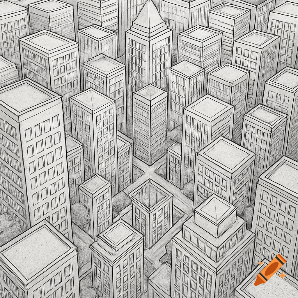 Black and white sketch of a cityscape seen from a bird's eye view.