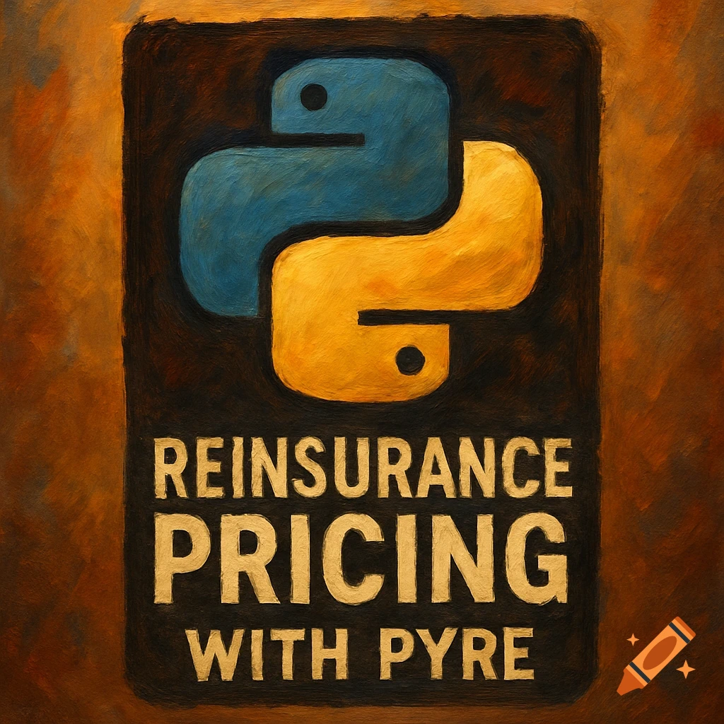 Textured logo with blue and yellow Python symbol above 'REINSURANCE PRICING WITH PYRE' text.