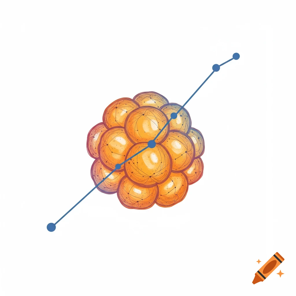 Illustration of a cluster of orange spheres connected by a blue line and dots on a white background.