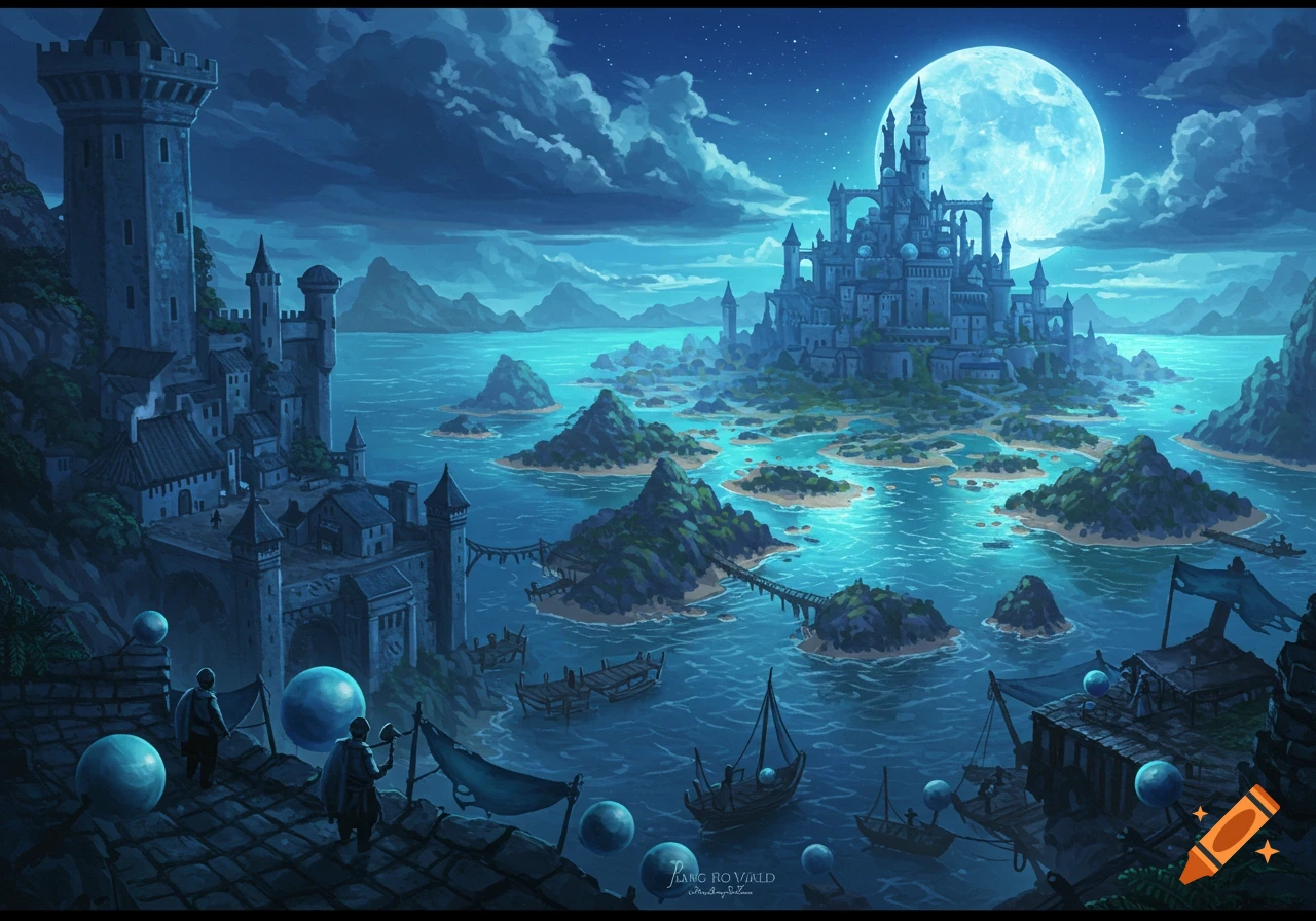 Fantasy landscape with castles on islands under a full moon at night with boats and glowing orbs.