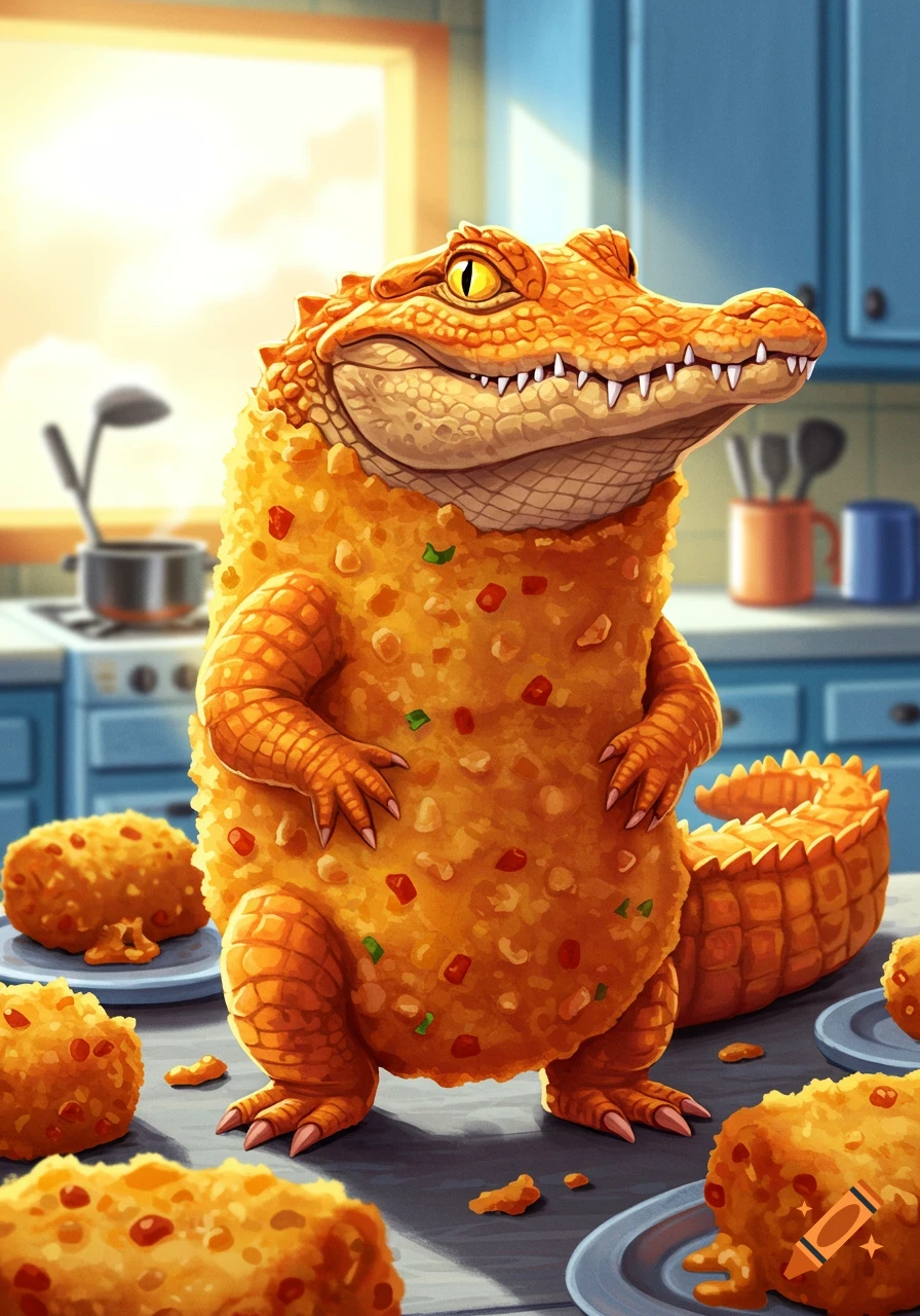 An alligator creature made of tater tots is in a kitchen.
