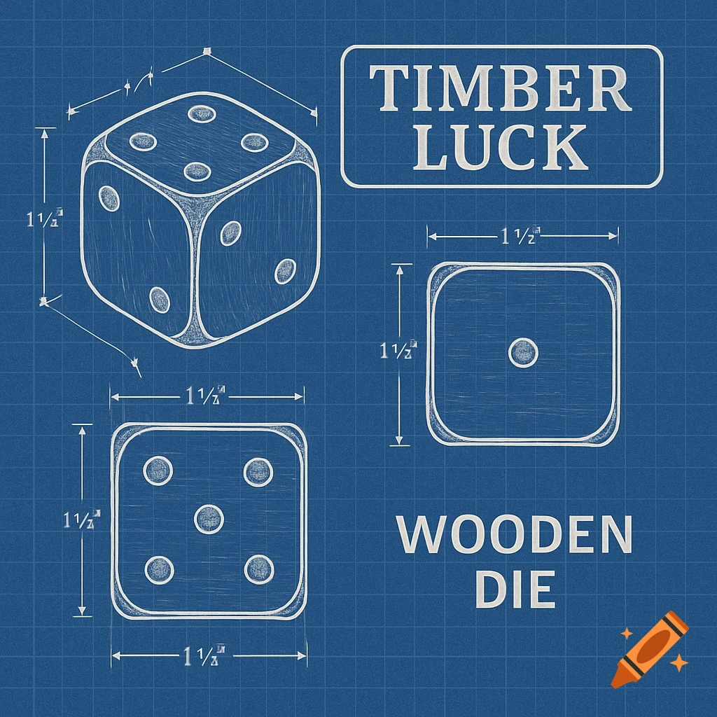 Blueprint diagram of a wooden dice with dimensions and the text Timber Luck Wooden Die