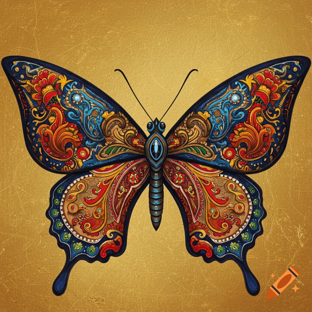 Ornate butterfly with colorful intricate patterns on a gold background.