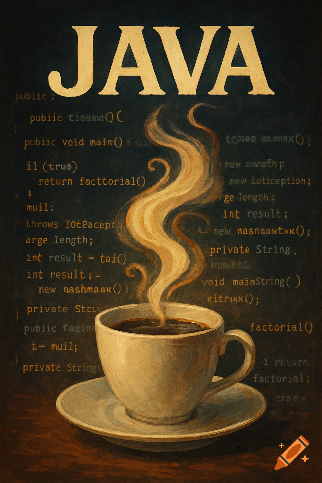 A painting of a cup of coffee and steam over background text resembling programming code, with the word JAVA at the top.