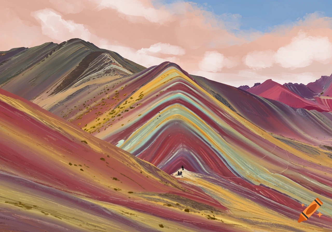 Sketch of colorful rainbow mountains with a path and small figures under a cloudy sky.