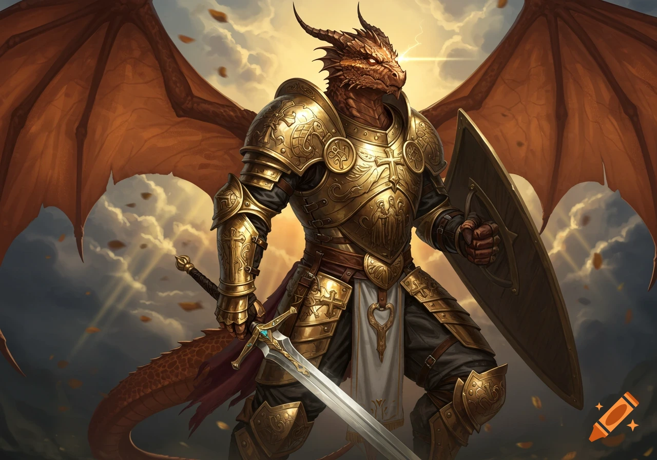 A dragonborn paladin in gold armor holding a sword and shield against a cloudy sky.