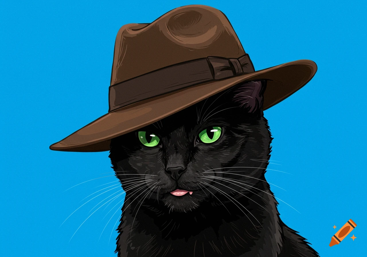 An illustration of a black cat wearing a brown fedora and smirking.