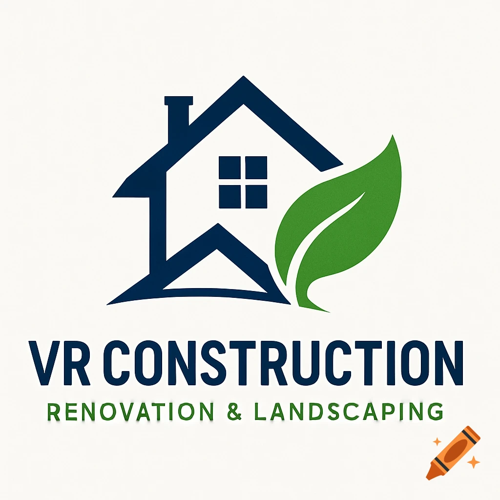 Logo for VR Construction featuring a stylized house and leaf above the company name and specialization.