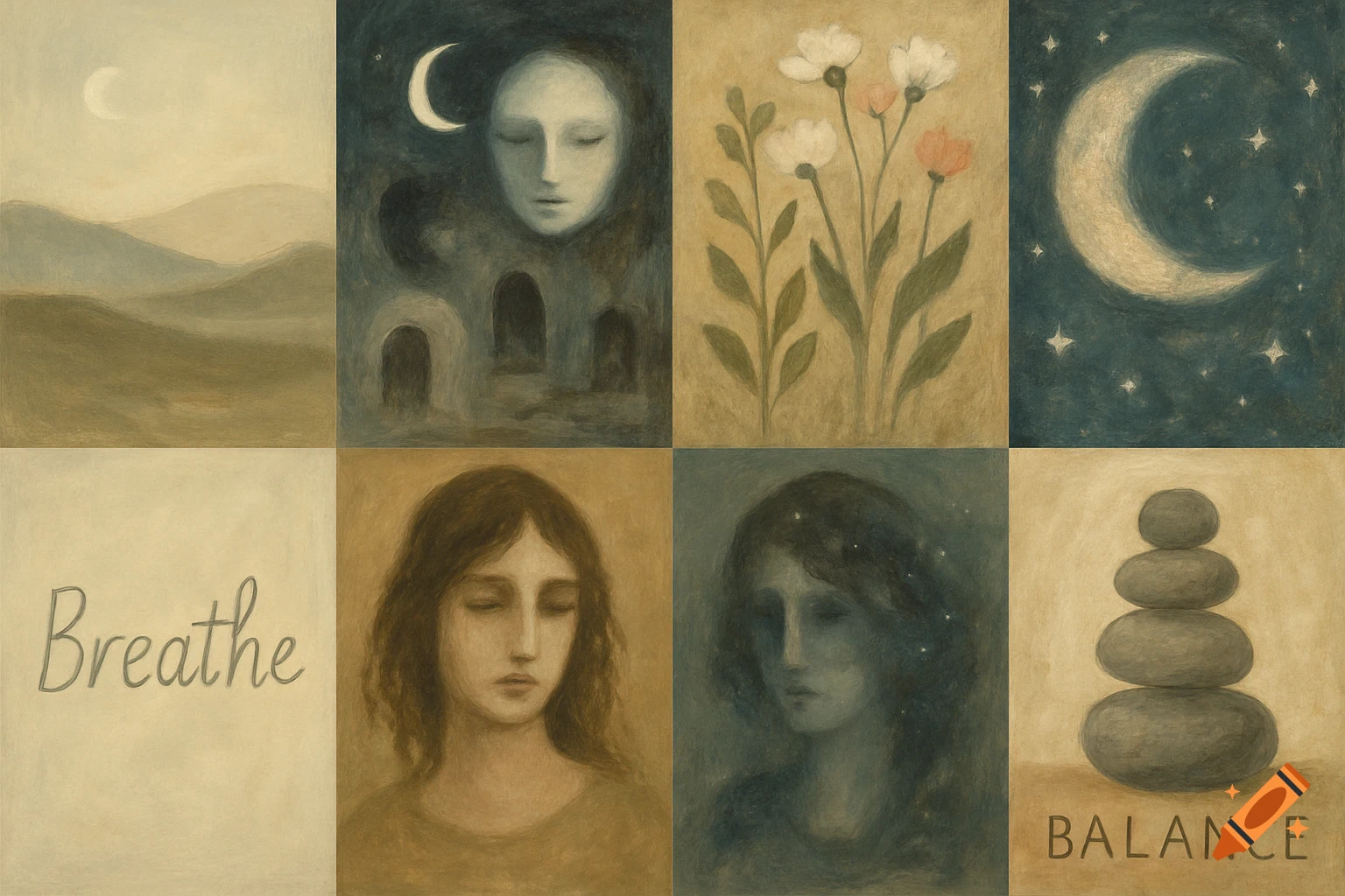 Multi-panel painting with landscapes, moon, stars, flowers, figures, stones, and words Breathe and BALANCE.