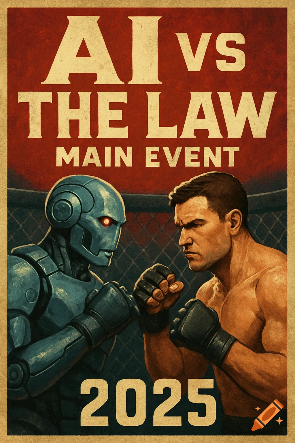 Retro style poster showing a robot and a man facing off in an MMA cage. Text reads "AI VS THE LAW: MAIN EVENT 2025".