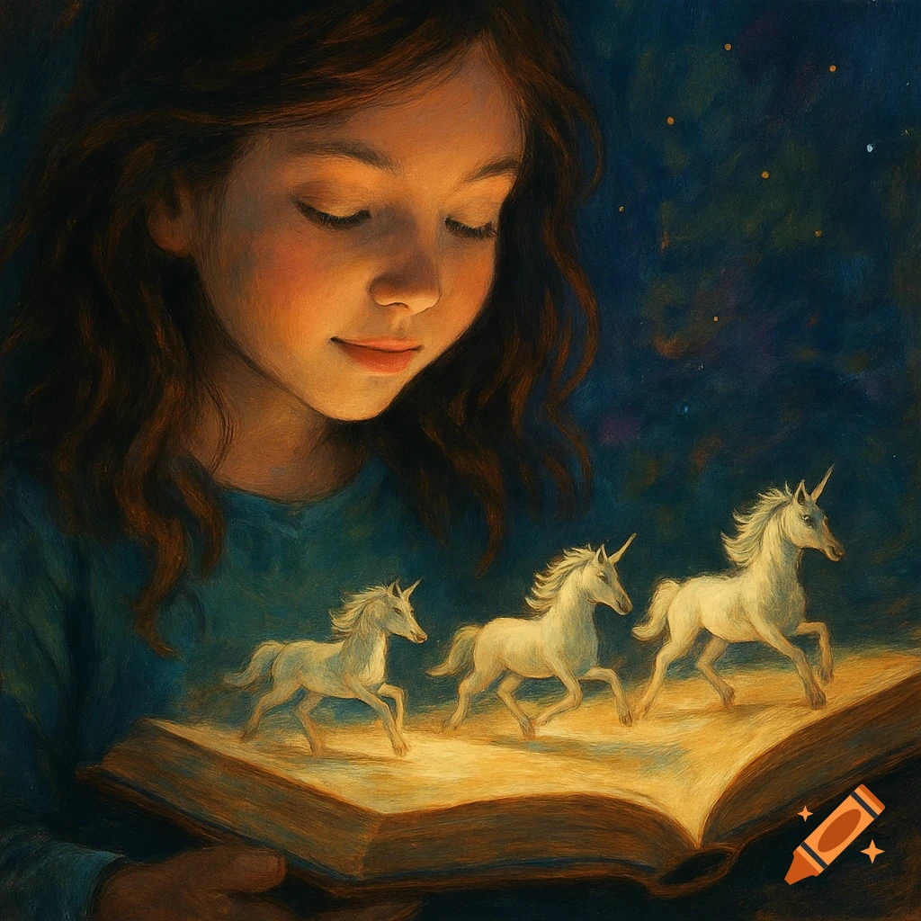A girl looks at a book where tiny unicorns gallop across the pages in a warm scene.