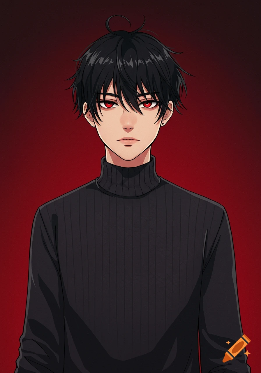 Anime portrait of a young man with black hair and red eyes wearing a black turtleneck.