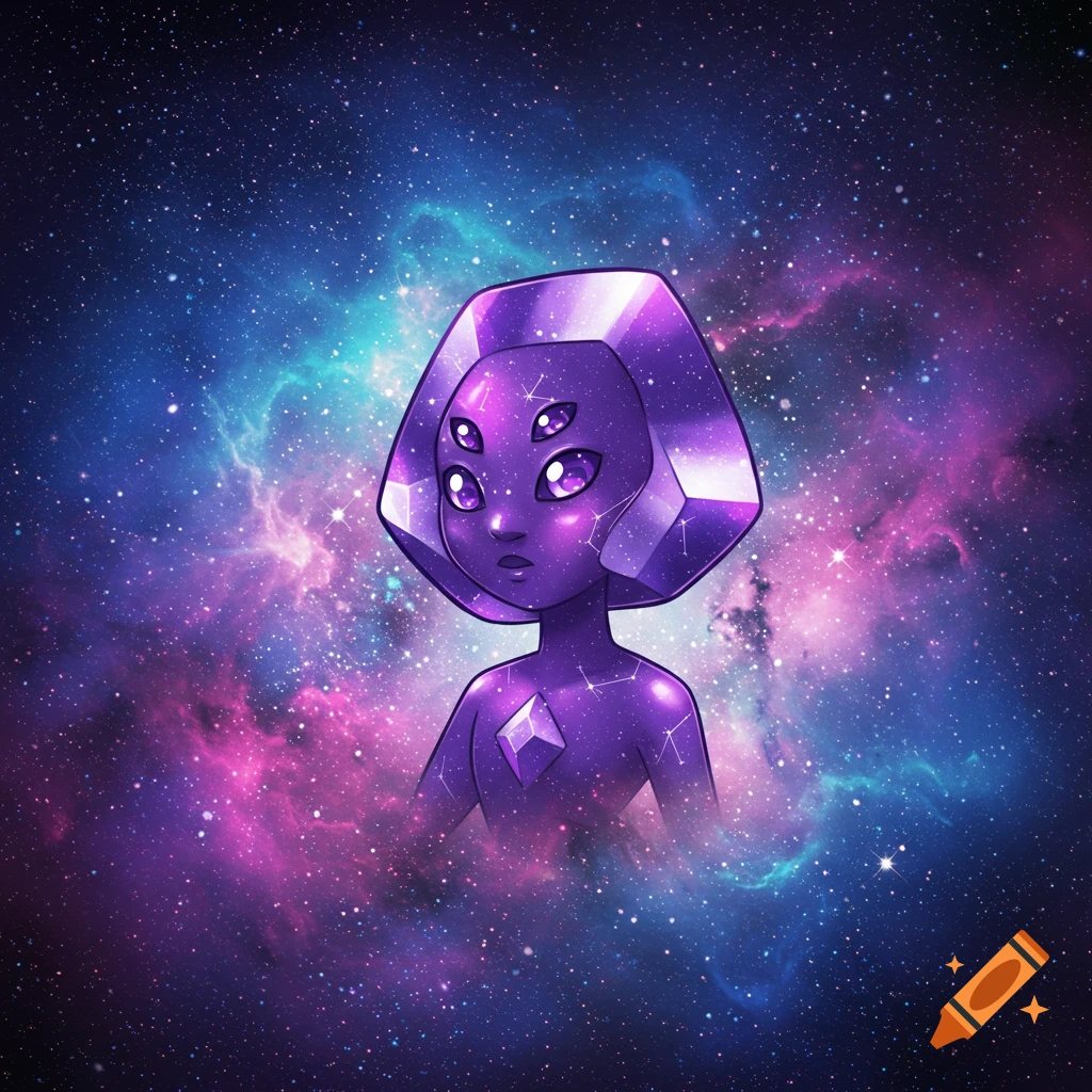 A purple crystalline creature with multiple eyes floats in a galaxy of stars and nebulas. Digital illustration.