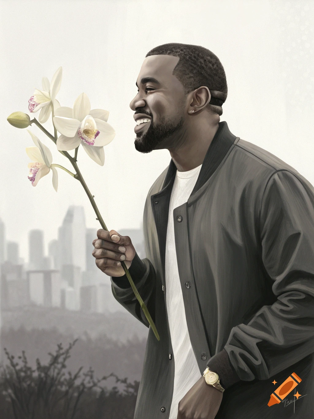 Realistic portrait of Kanye West holding a white orchid in front of a cityscape.