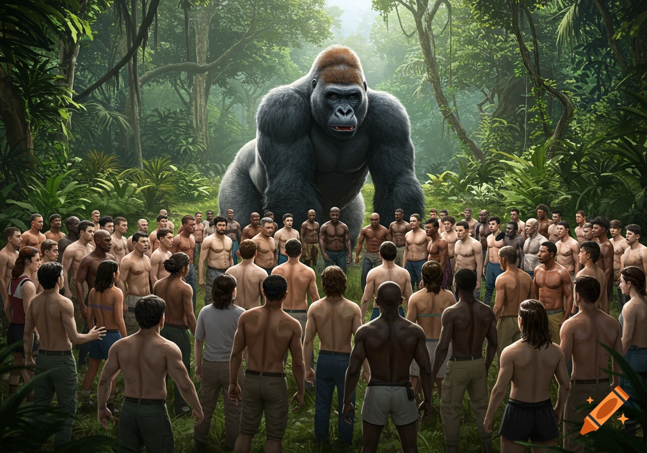 Giant gorilla stands in a jungle clearing surrounded by many men.