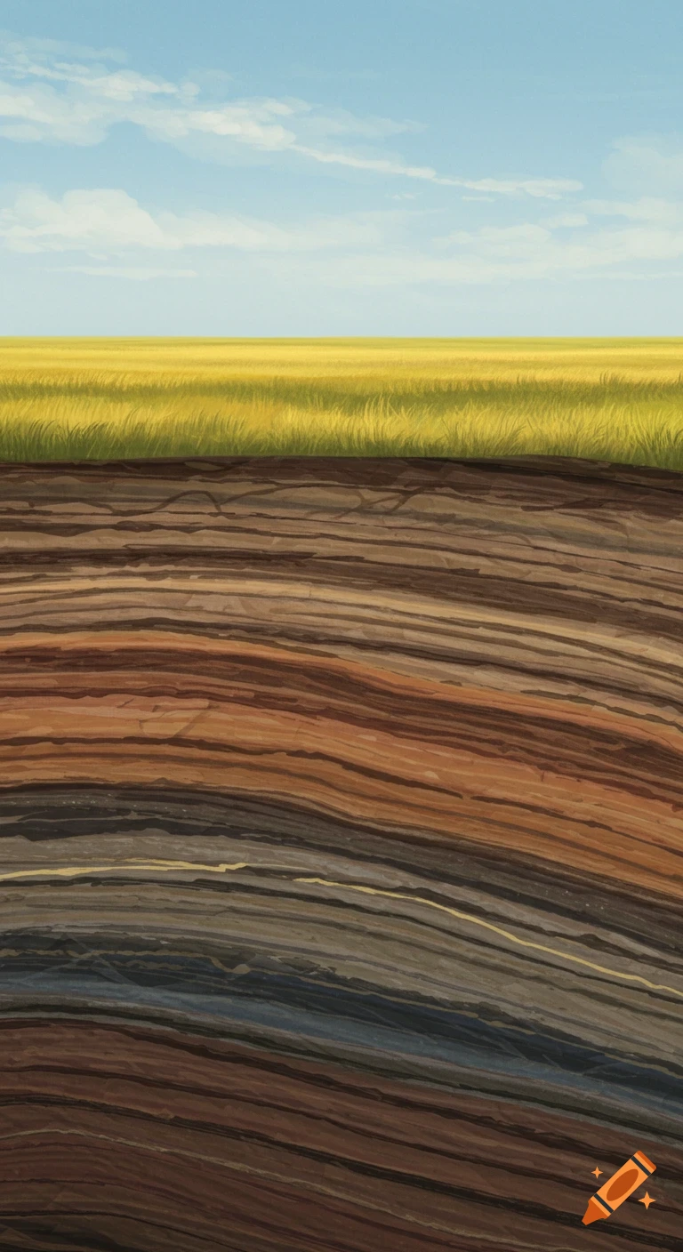 A side view illustration showing deep, colorful layers of sediment below a green and yellow prairie field under a blue sky with clouds.