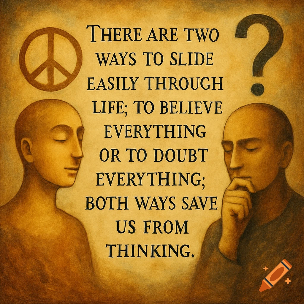 Artistic illustration with two figures, a peace sign, question mark, and a philosophical quote about life and thinking.