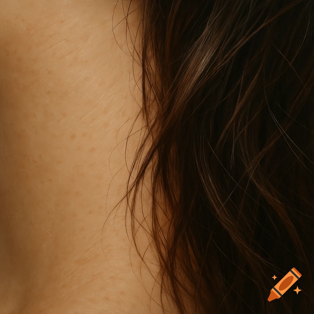 Close-up of skin texture and brown hair.