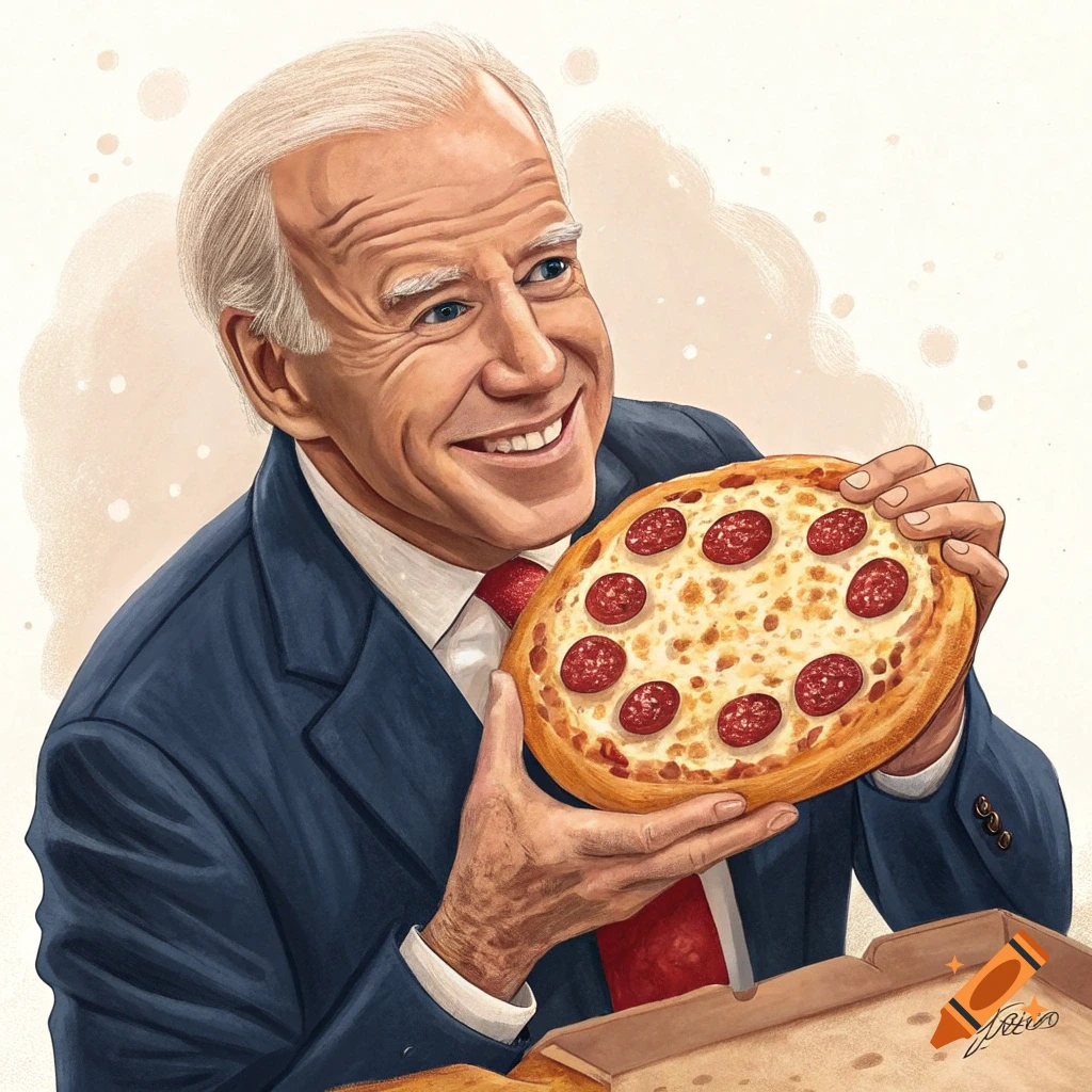 Illustration of Joe Biden smiling while holding a pepperoni pizza
