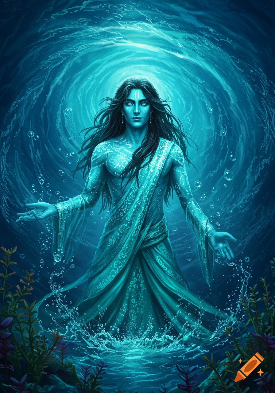 A blue-skinned figure in a blue garment stands in water with arms extended amidst a swirling vortex.