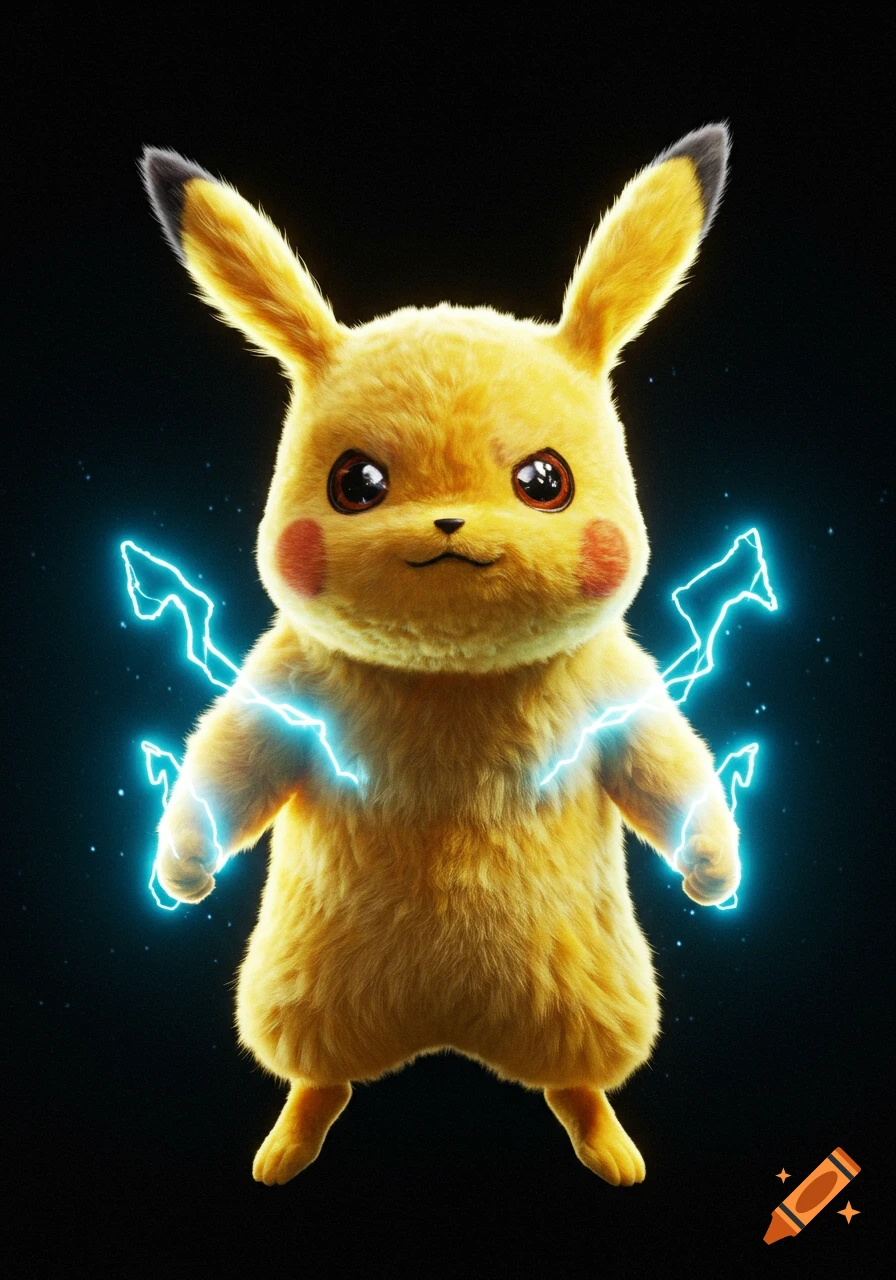 Photorealistic fluffy Pikachu emitting blue lightning