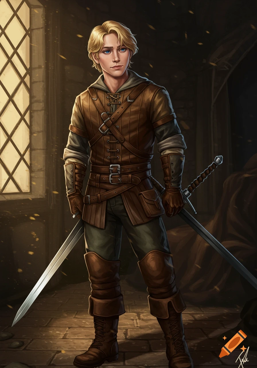 Portrait of a young blonde man in leather fantasy clothing holding two swords in a dark room.