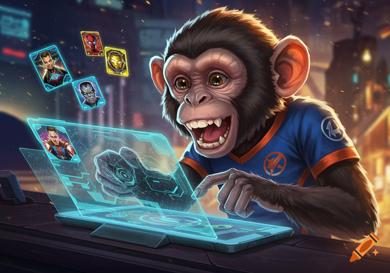 A happy cartoon monkey plays a holographic card game featuring superhero characters.