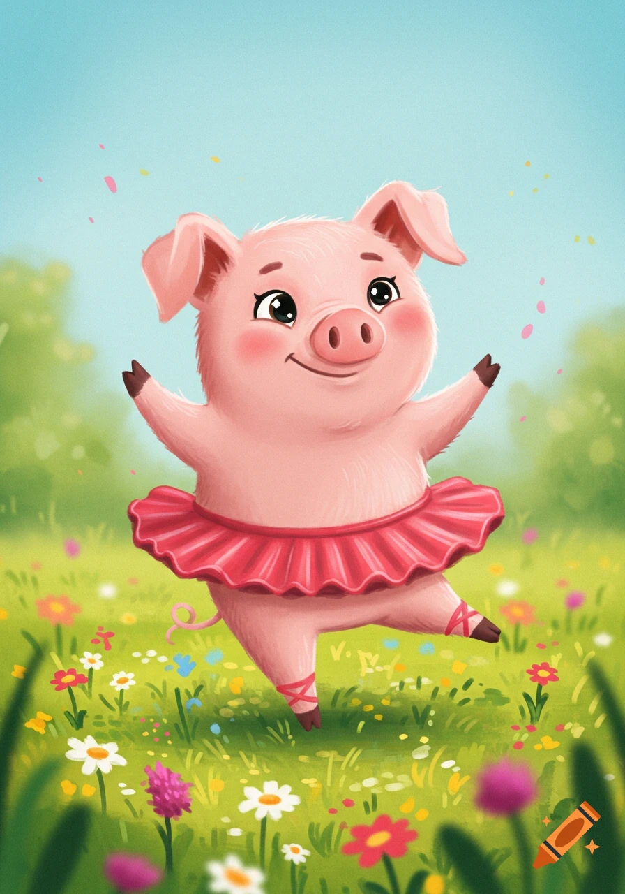 A cute cartoon pig wearing a pink tutu and ballet shoes, dancing in a field of colorful flowers.