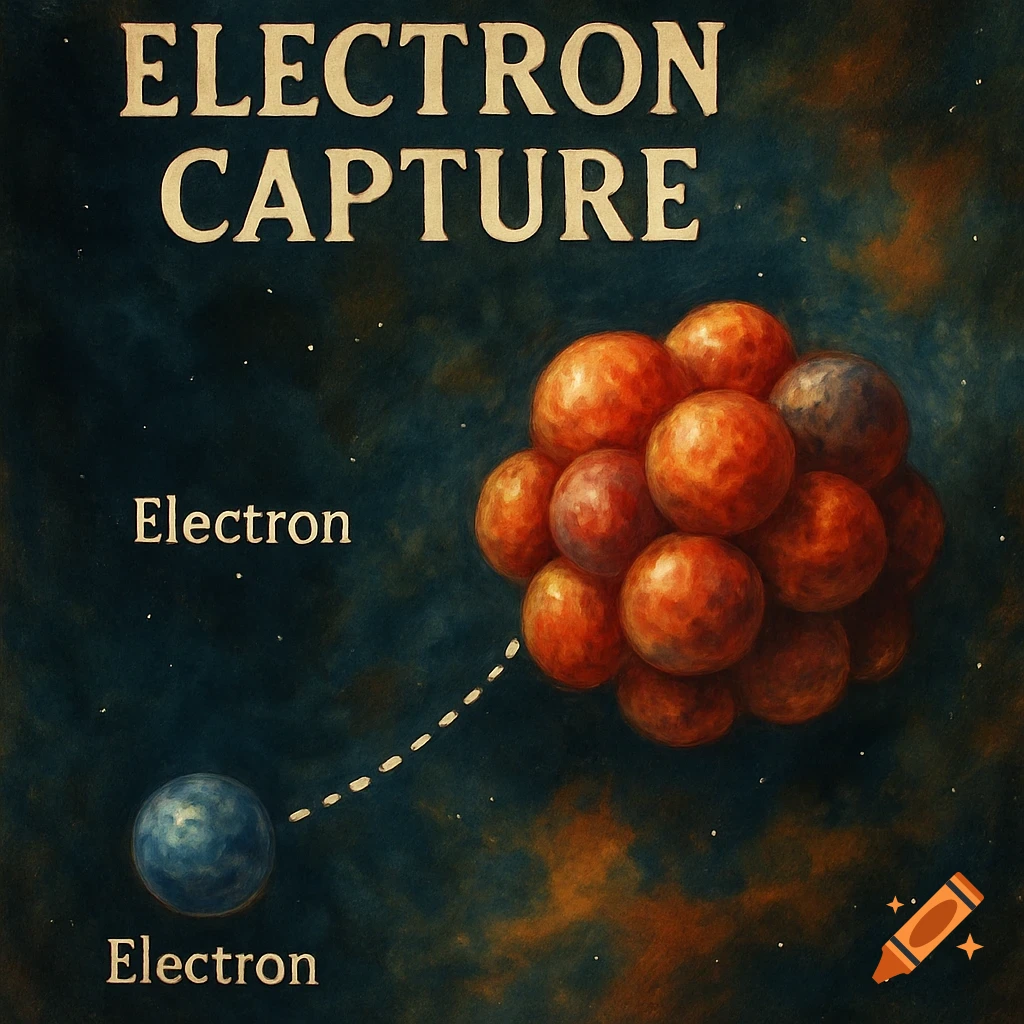 Scientific illustration of electron capture, showing a blue sphere moving towards a cluster of spheres, with labels Electron Capture and Electron.