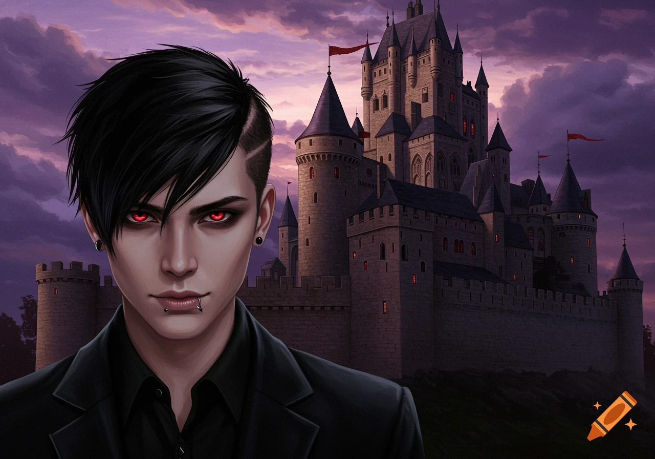 Portrait of a young man with black hair, red eyes, and piercings in front of a medieval castle under a purple sky.