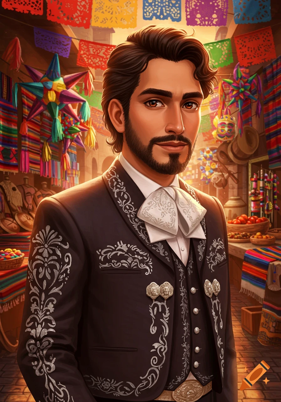 A man in a charro suit is standing in a colorful Mexican market.