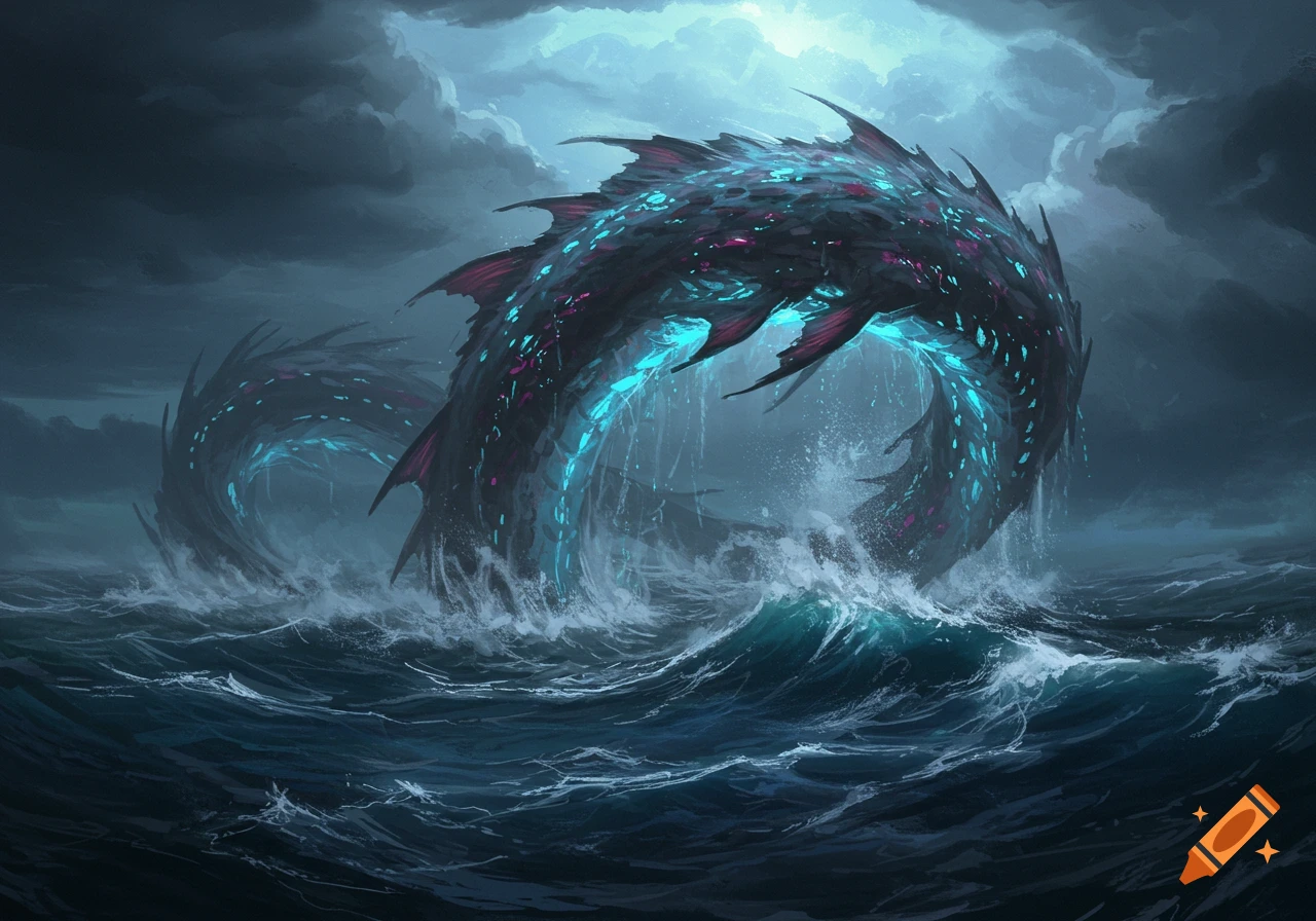 A glowing sea monster rising from stormy waters.