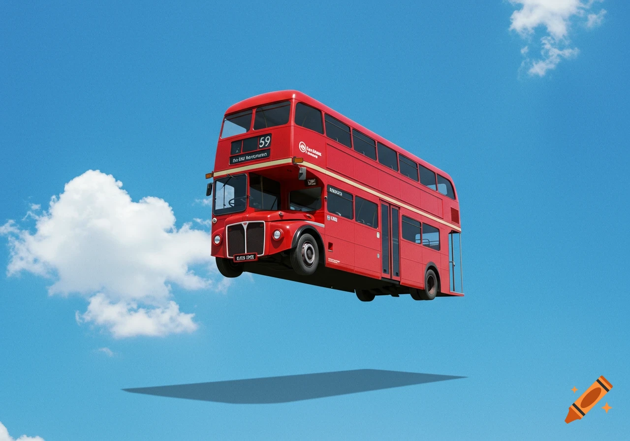 A red double-decker bus with no wheels floats in a bright blue sky, casting a shadow below.