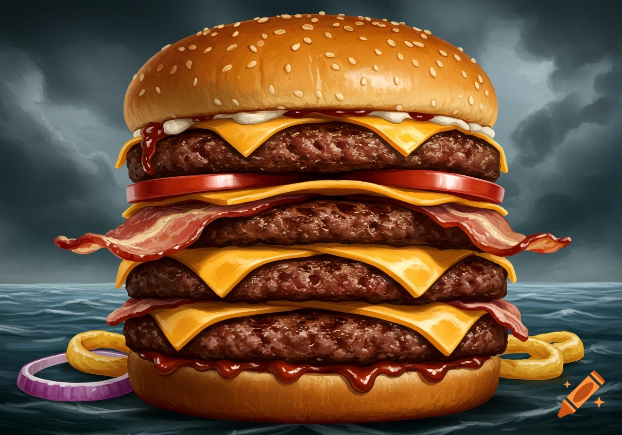 A towering multi-patty burger with cheese, bacon, tomato, and onion rings against a stormy sea background.