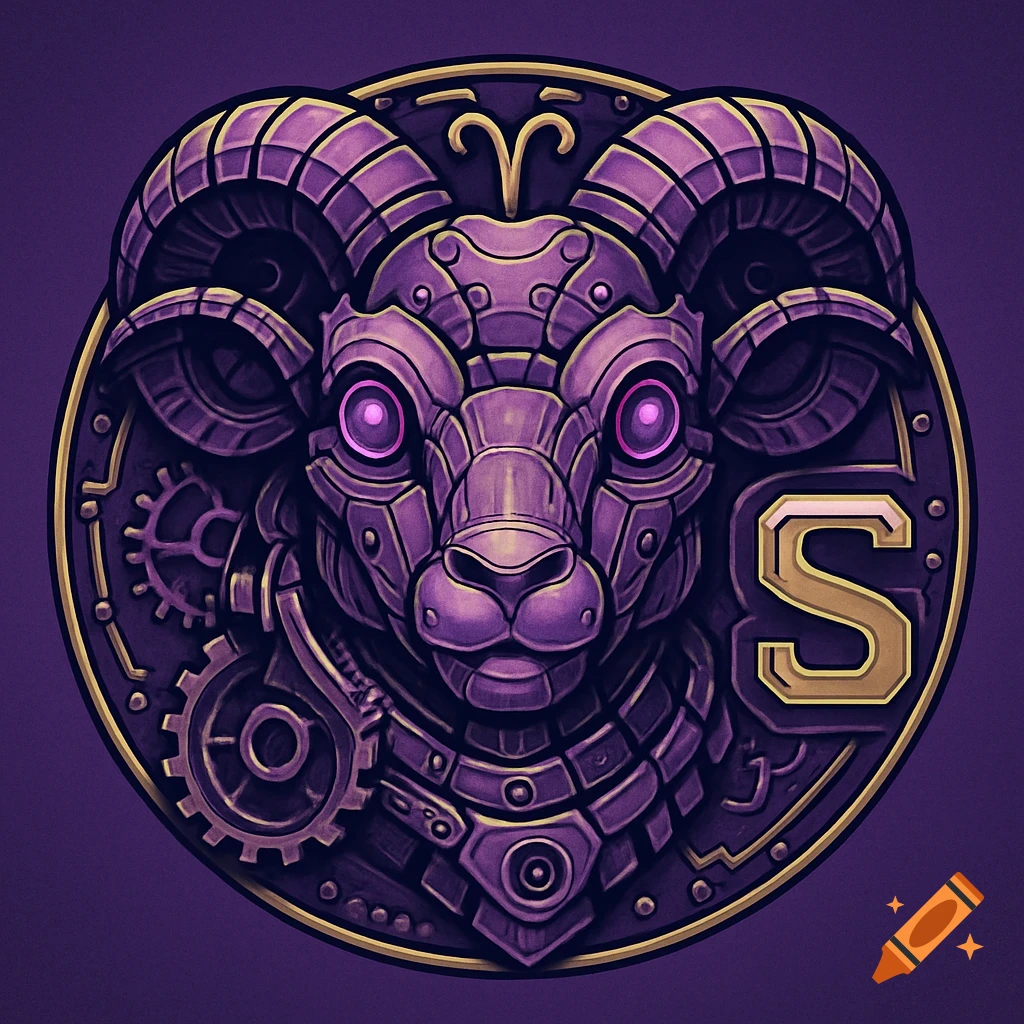 Steampunk-style profile icon of a mechanical Aries ram head with a golden 'S' and zodiac symbol in purple and gold.