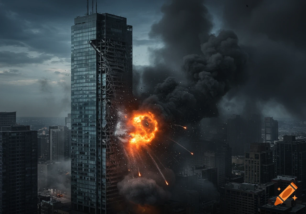 Photorealistic explosion hitting a tall building in a city under a dark sky.