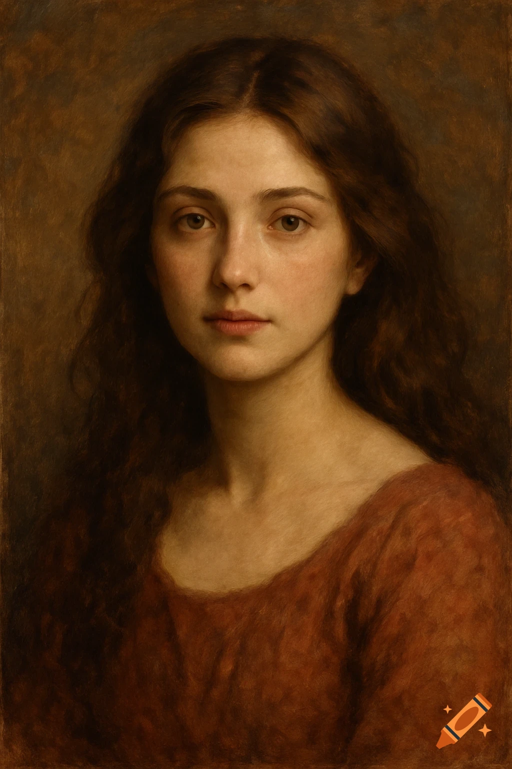 Digital painting portrait of a young woman with long brown hair in a red dress.