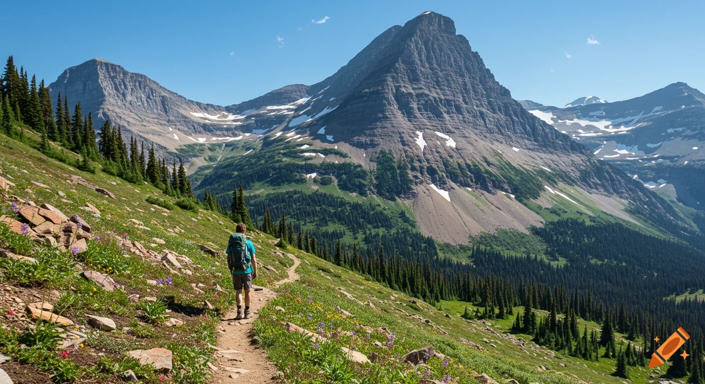 A hiker walks up a trail through a rocky, flower-filled meadow with a massive mountain peak in the background.