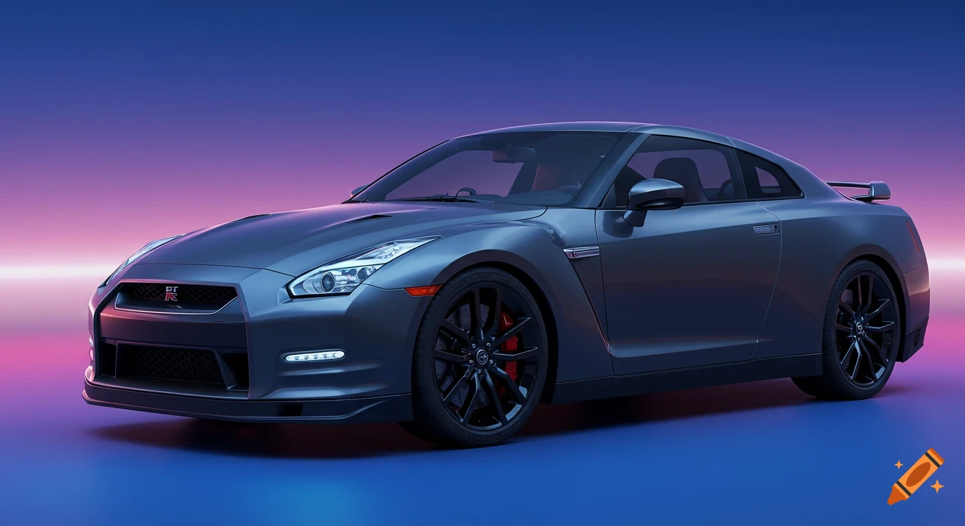 A gray Nissan GTR against a purple and blue gradient background.