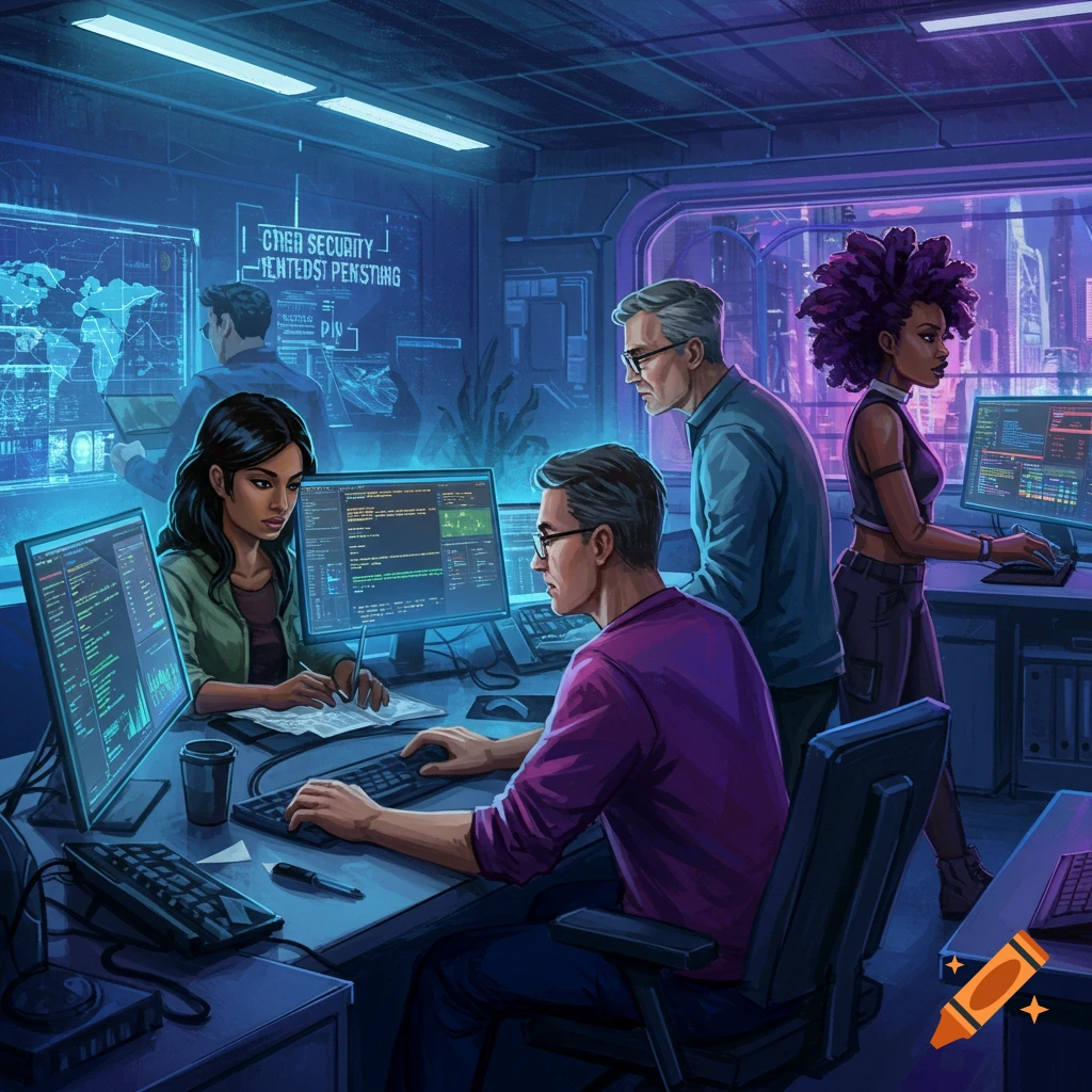 People work at computers in a futuristic cyber security office with neon lights.