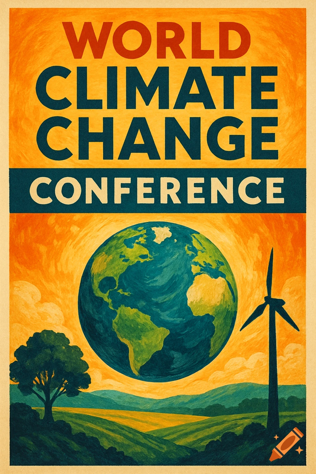 Poster with text "WORLD CLIMATE CHANGE CONFERENCE" featuring the Earth, a tree, and a wind turbine in an illustrated style.