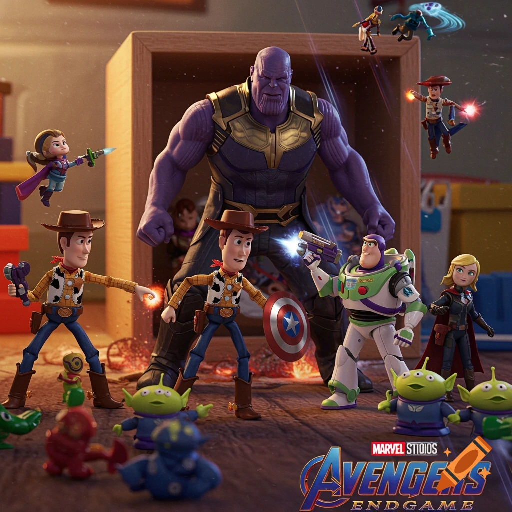Toy Story and Marvel characters battle Thanos in a toy box, styled as an Avengers movie poster.