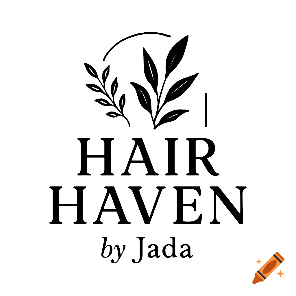 Black and white logo with leafy branches above the text 'HAIR HAVEN by Jada'.