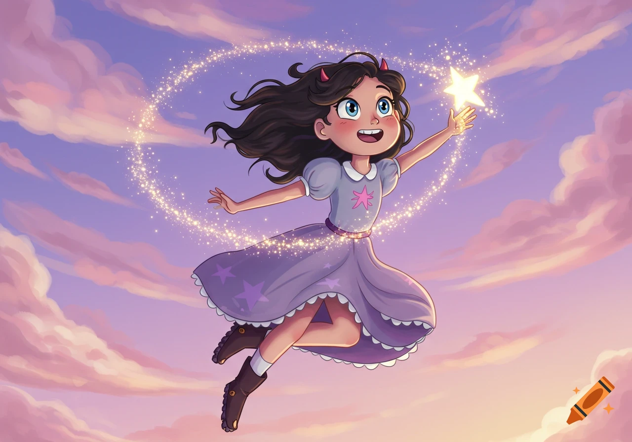 Cartoon girl flying towards a sparkling star in a cloudy sky