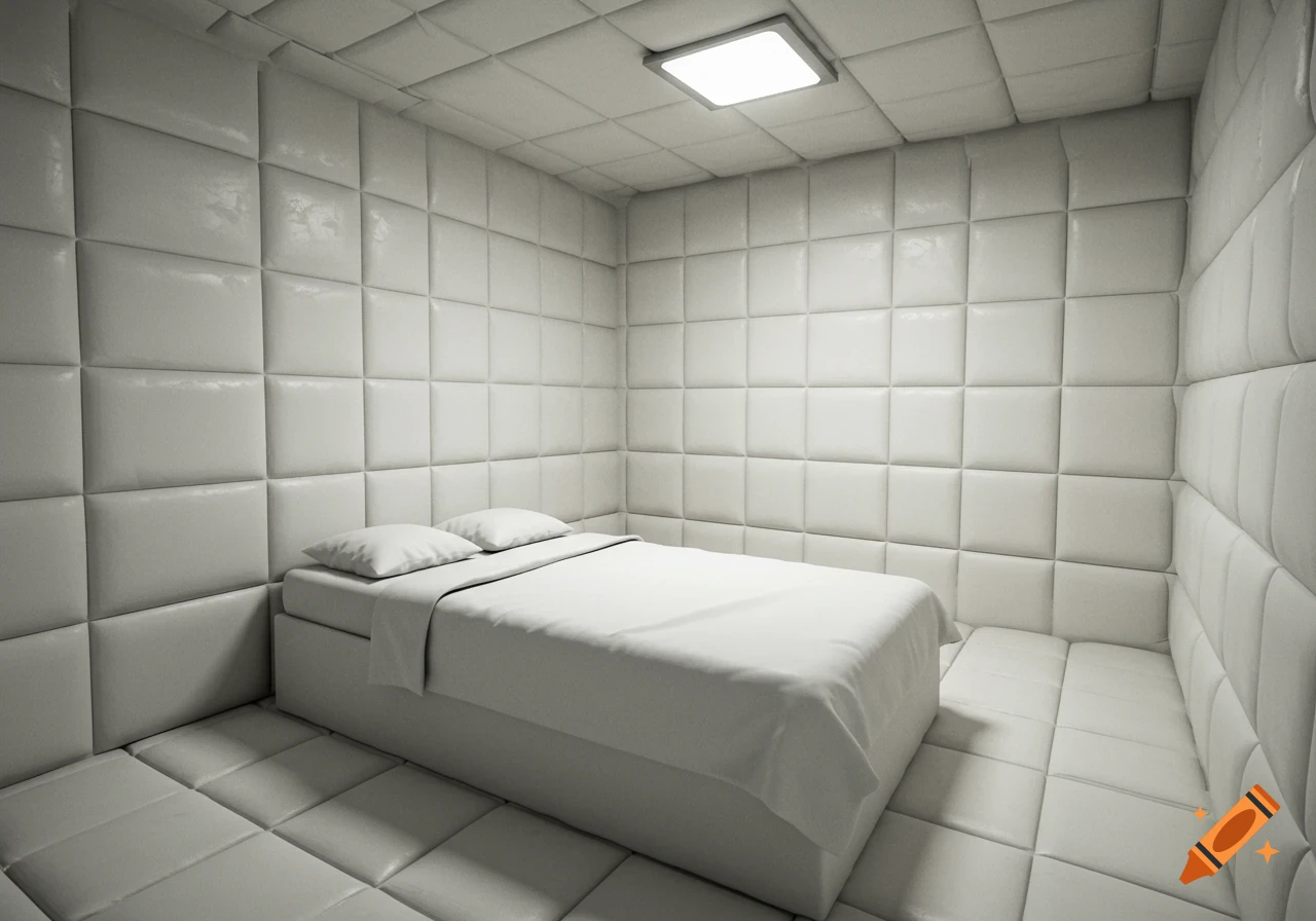 A sterile white padded room with a white bed in the corner.