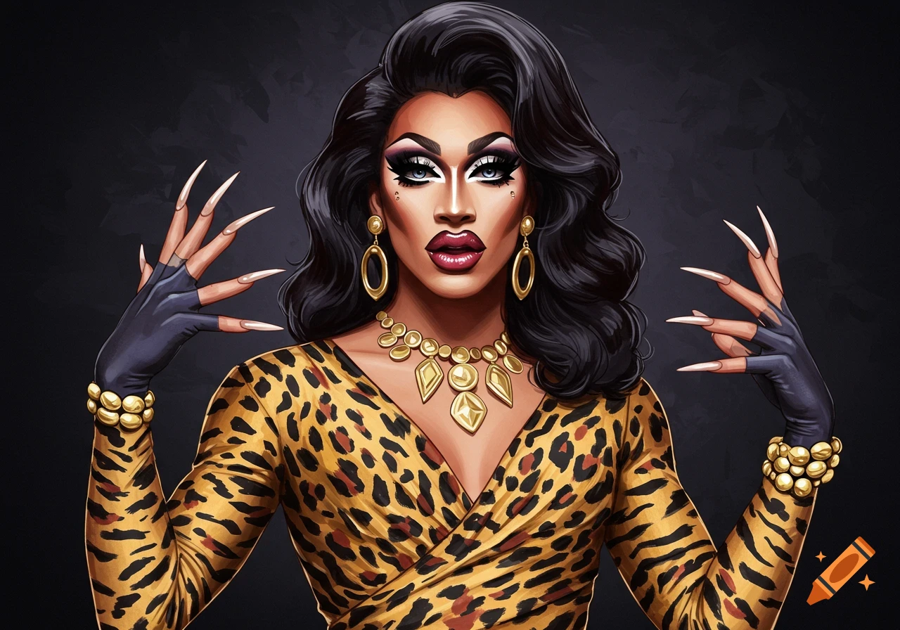 Illustration of a drag queen in a leopard print dress, gloves, and jewelry with long nails.
