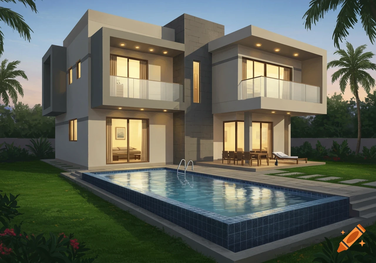 A modern two story house with a large swimming pool in the foreground.
