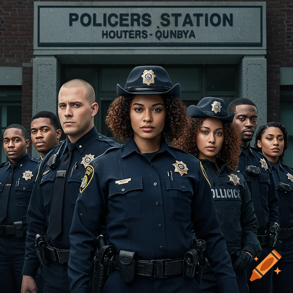 A group of diverse police officers stand in front of a station.